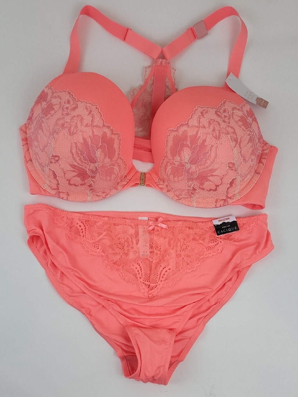 NWT Cacique Orange Lace Boost Plunge Bra & High Leg Panty Set 40DDD & 14/16